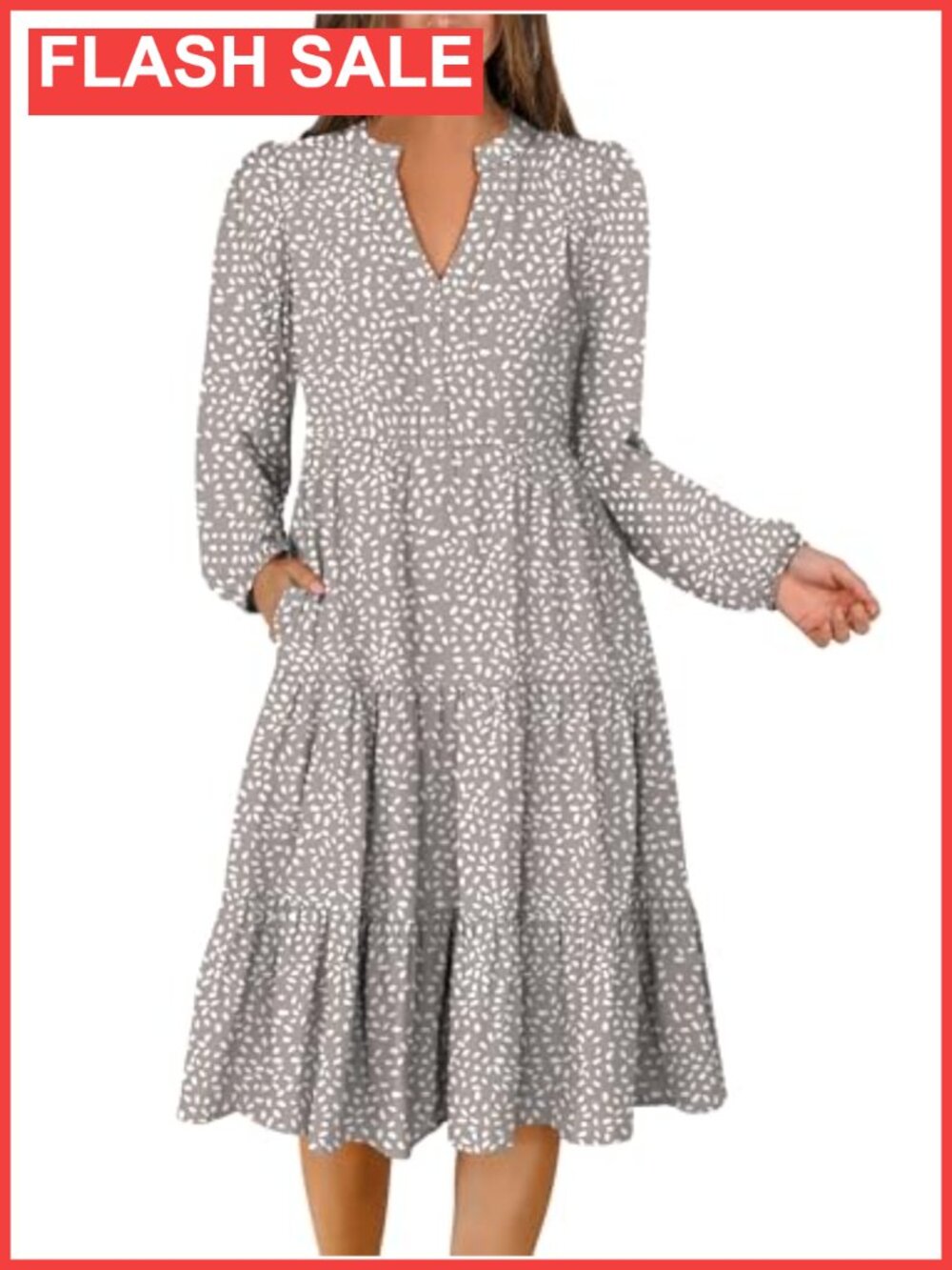 V Neck Long Sleeve Midi Dress with Pockets Casual